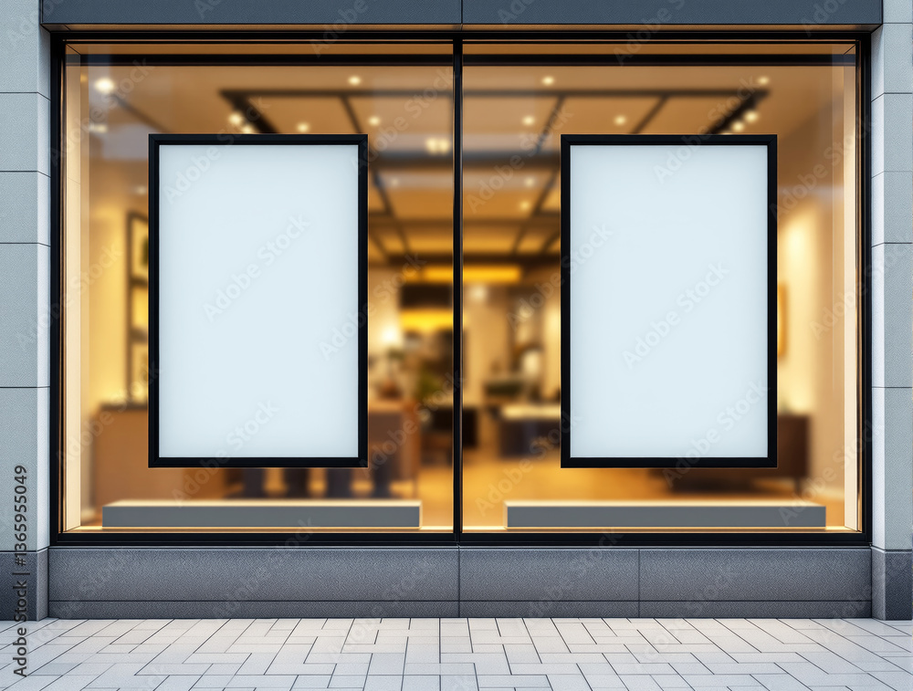 Fototapeta premium Empty billboard templates on modern shop window with a blurred interior background. Clean design concept for advertising, branding, or presentation. Ai generative