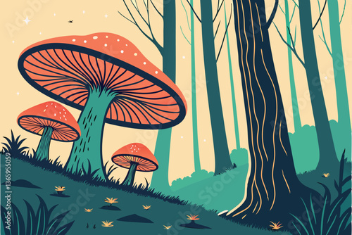 69 Enchanted forest, giant glowing mushrooms, ethereal mist, bioluminescent fungi, dark towering trees, mystical atmosphere, fantasy landscape, vibrant orange and teal color palette, magical forest fl