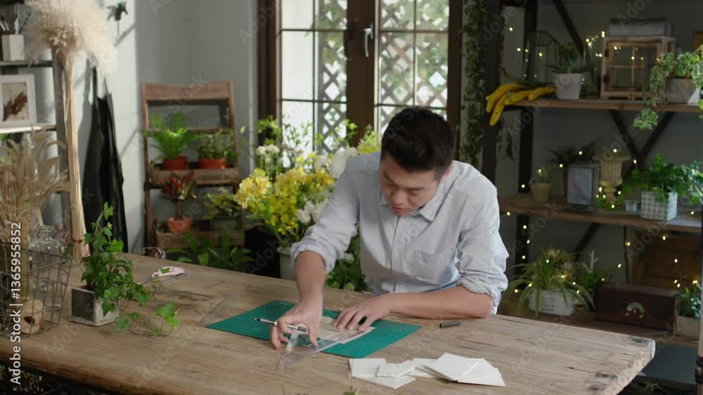 A man is crafting in a cozy, plant-filled workspace. He carefully cuts material on a wooden table, surrounded by greenery, fairy lights, and creative tools. A man is crafting in a cozy, plant-filled workspace. He carefully cuts material on a wooden table, surrounded by greenery, fairy lights, and creative tools.