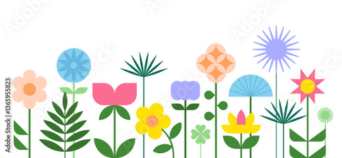 Background decorated with colorful flowers and leaves. Floral, spring and summer banner. Geometric flat vector illustration on white background.