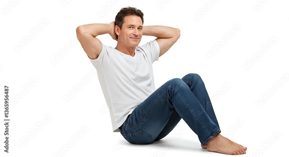 Man in white shirt and jeans sitting on the floorisolated on white background Man in white shirt and jeans sitting on the floorisolated on white background