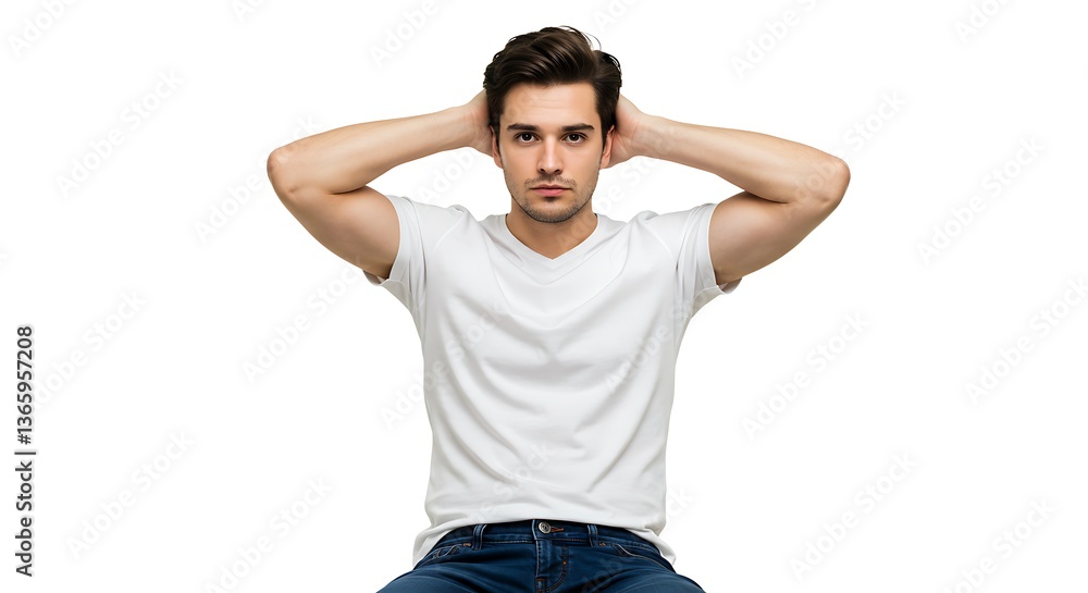 Man in white shirt with hands behind his headisolated on white background Man in white shirt with hands behind his headisolated on white background