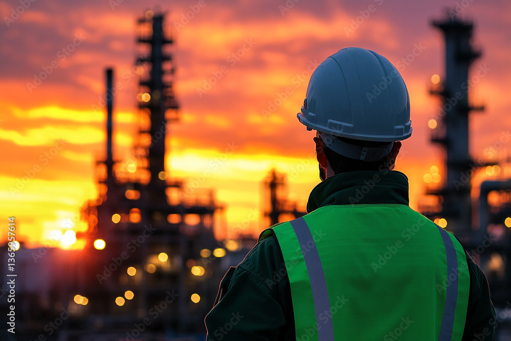 Worker in safety vest and helmet facing away, observing an oil refinery at sunset, conveying themes of industry, energy, and hard work Worker in safety vest and helmet facing away, observing an oil refinery at sunset, conveying themes of industry, energy, and hard work