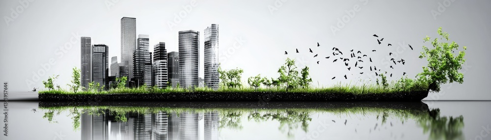 Obraz premium Cityscape island, green growth, birds flying, water reflection; eco-concept