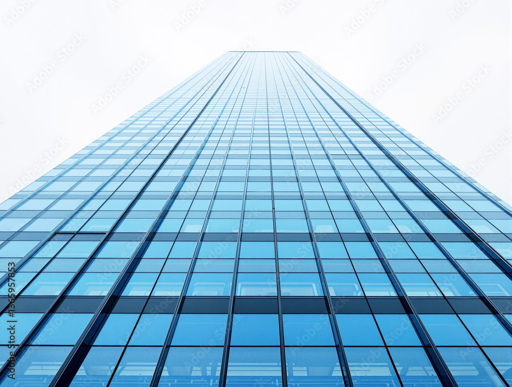 Low-angle view of a modern glass skyscraper exterior with reflective blue windows, showcasing contemporary architecture against a bright sky. Ai generative Low-angle view of a modern glass skyscraper exterior with reflective blue windows, showcasing contemporary architecture against a bright sky. Ai generative
