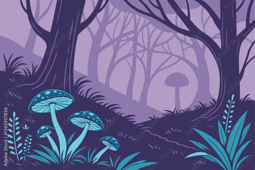 Obraz premium 70 Bioluminescent mushrooms, magical forest, glowing blue fungi, dark mystical woods, ethereal atmosphere, fantasy landscape, neon colors, enchanted forest floor, glowing spores, surreal nature scene,