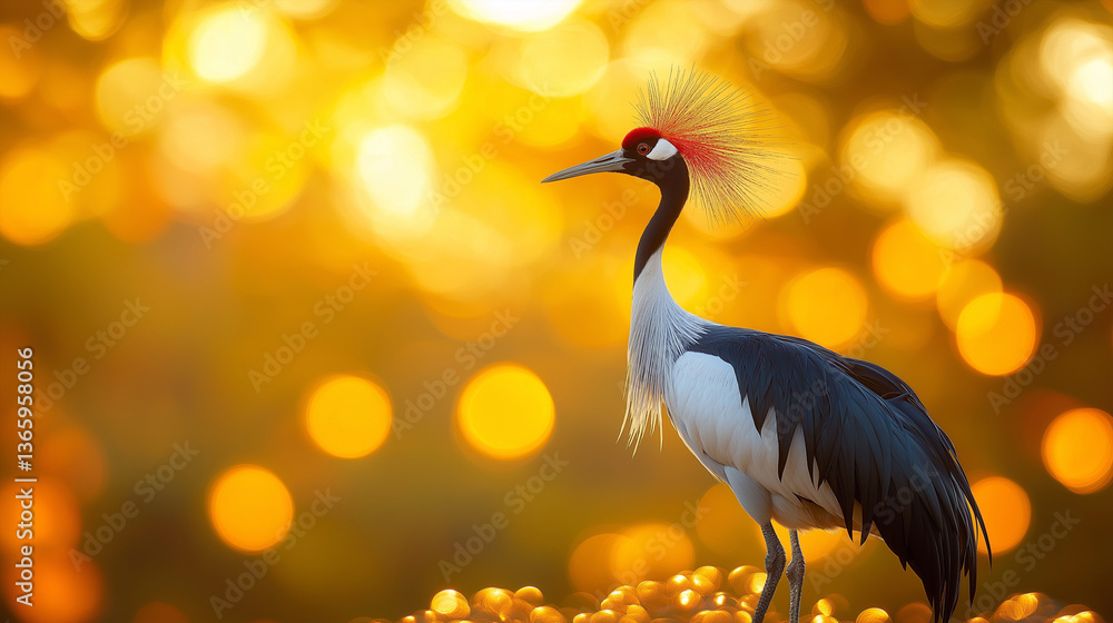 Naklejka premium Grey crowned crane standing in golden light with bokeh background.