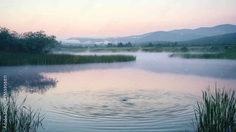 Fototapeta premium Tranquil dawn lake scene with mist, mountains, and reflective pastel sky