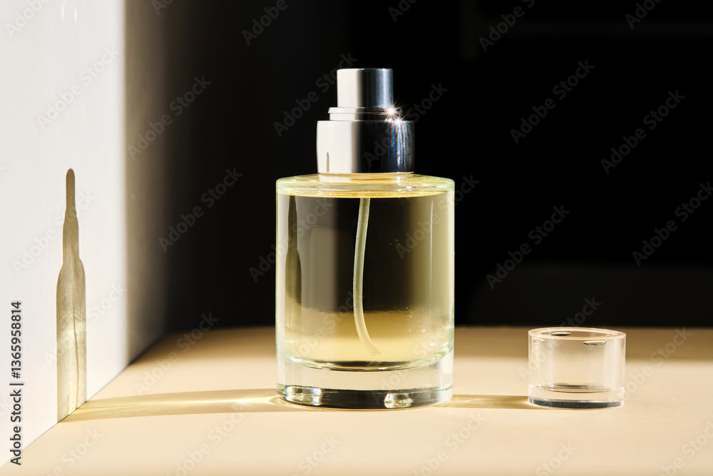 Perfume on a beige background in the rays of bright sun with beautiful highlights. Perfume on a beige background in the rays of bright sun with beautiful highlights.
