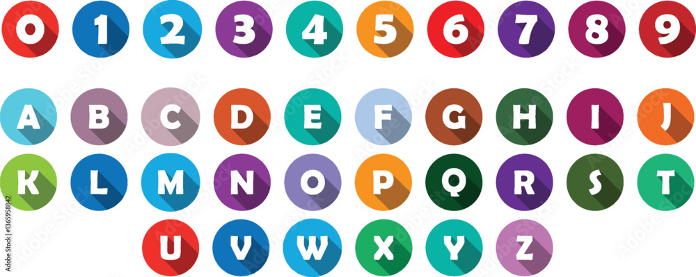 Colorful Numbers and Letters Icons on long shadow. Colorful Numbers and Letters Icons on long shadow.