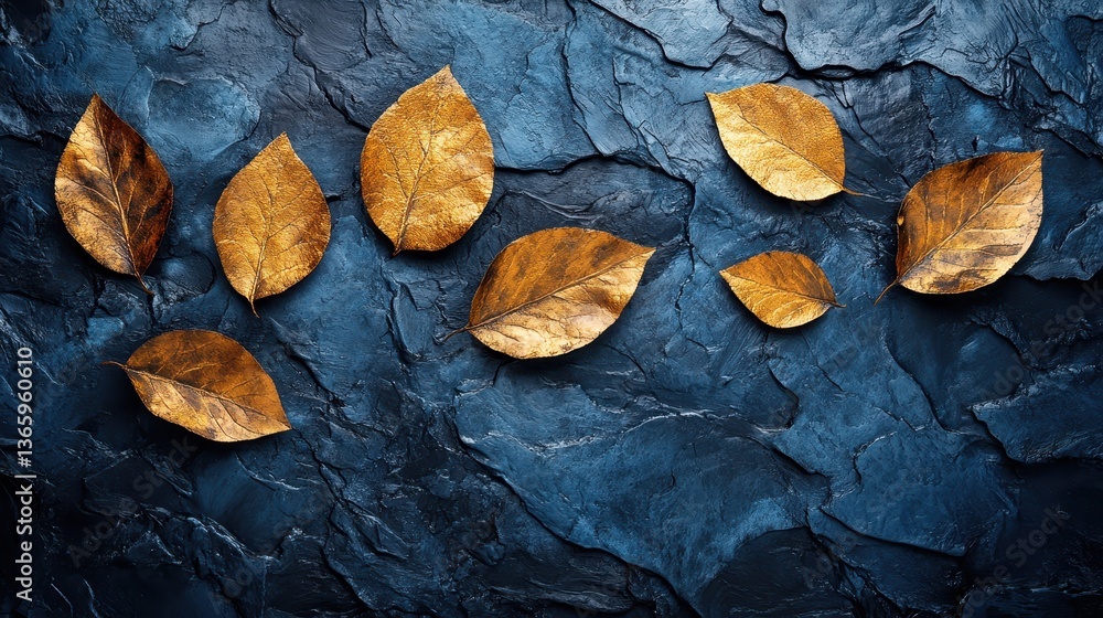 Golden autumn leaves on dark stone background; fall design Golden autumn leaves on dark stone background; fall design