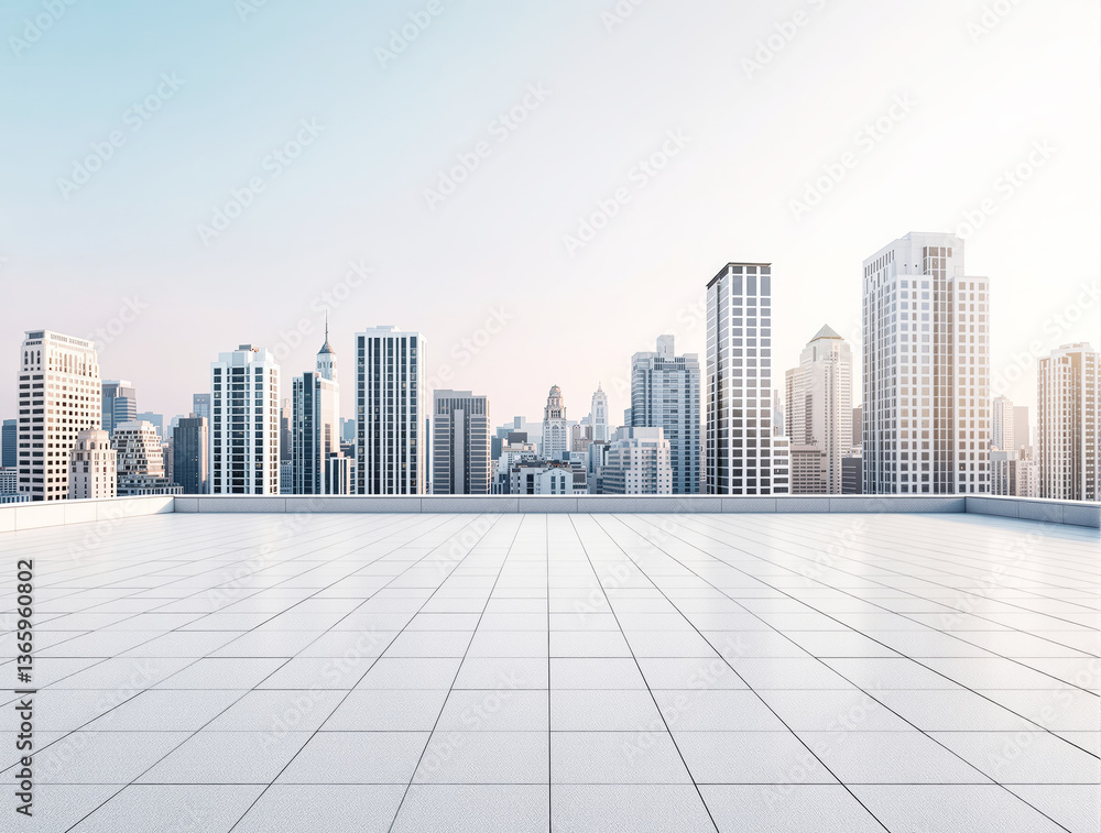 Spacious rooftop with a tiled floor overlooking a modern city skyline, featuring high-rise buildings. Bright sky and soft lighting create a sleek exterior design. Ai generative