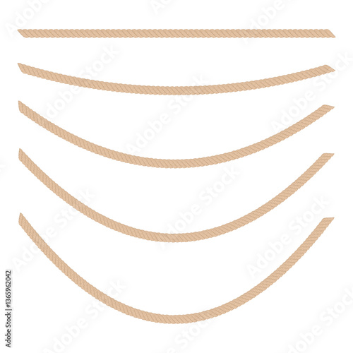 set of ropes ranging from straight to curved, vector illustration isolated on white background.