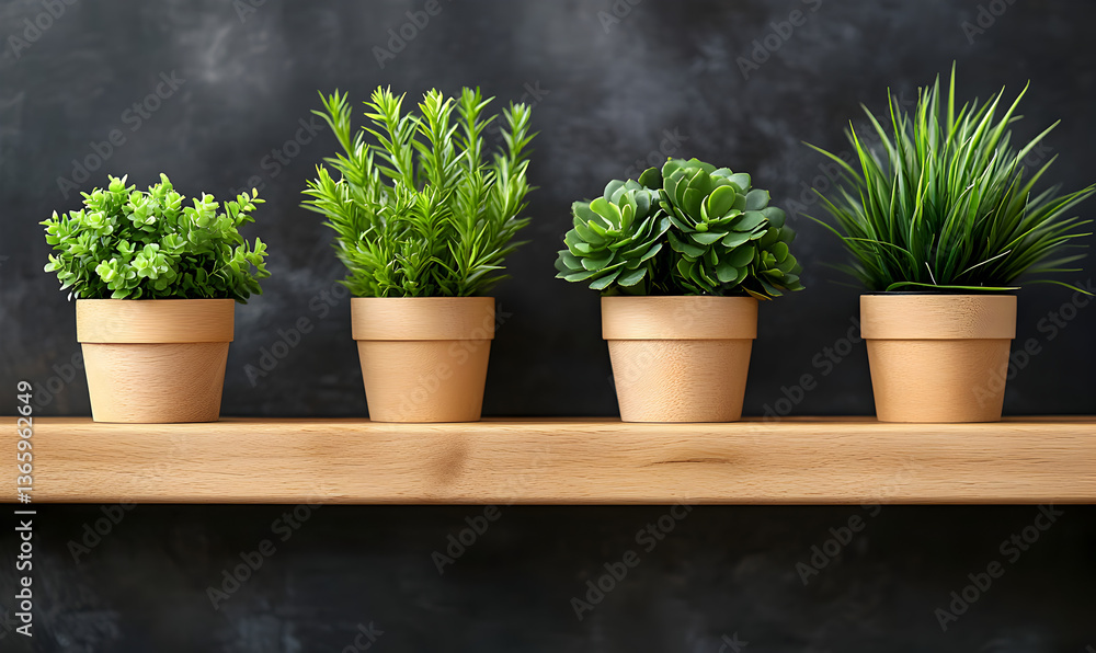 Four Potted Plants On Wooden Shelf Four Potted Plants On Wooden Shelf