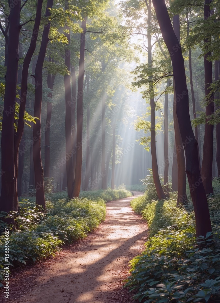 Obraz premium Serene forest path illuminated by soft sunlight through trees 