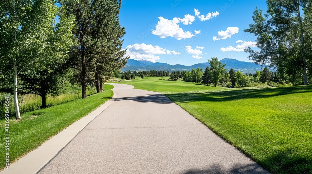 A scenic view of a winding golf cart path surrounded by lush greenery and mountains, perfect for a day on the course. A scenic view of a winding golf cart path surrounded by lush greenery and mountains, perfect for a day on the course.