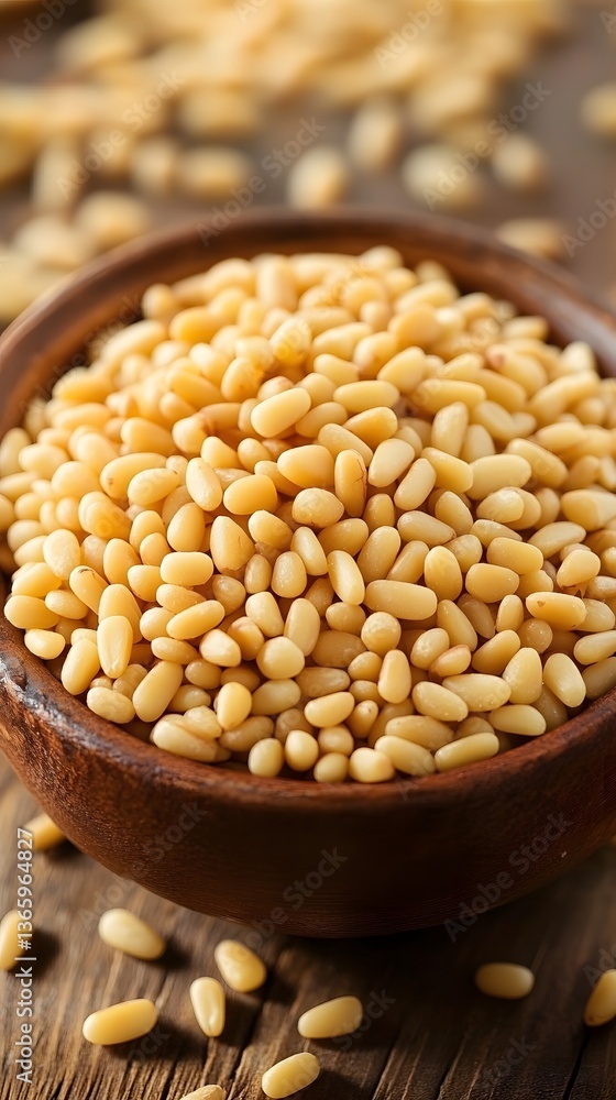 Closeup of Pine Nuts in Wooden Bowl, Healthy Snack Food Closeup of Pine Nuts in Wooden Bowl, Healthy Snack Food