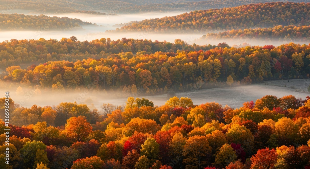 Obraz premium A vast forest of golden, orange, and red autumn trees stretches across rolling hills