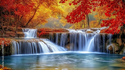 Autumnal waterfall cascade in a serene forest.  Tranquil cascading water flows over rocks into a tranquil pool, surrounded by vibrant autumn foliage