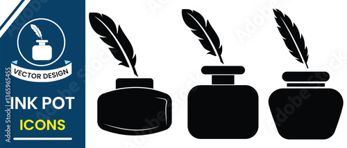 Feather and inkwell, inkpot icon, vector design. Silhouette of inkwell, bottle, inkpot vector symbol, feather pen, calligraphy, education, handwriting. Vector illustration.