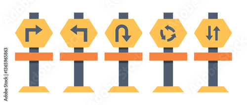 Traffic Direction Icons, Road Sign Symbols Vector, Navigation Sign Graphic Set, Directional Road Signs Illustration, Driving Guide Sign Icons
