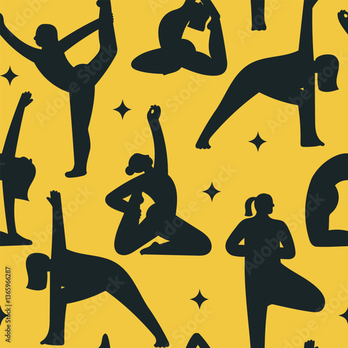Seamless pattern with women silhouettes doing yoga and pilates poses. Hand drawn vector illustration with yellow background