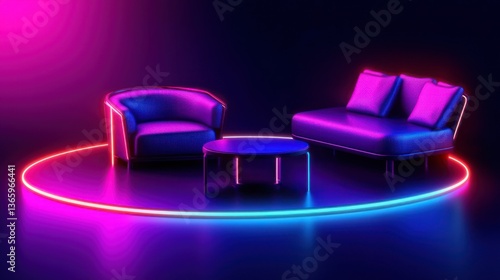 Modern living room setup with neon lighting, featuring a sofa, armchair, and coffee table in vibrant colors