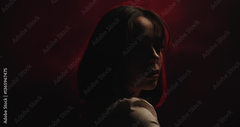 Mysterious woman in the dark with fog. side view close up and red light Mysterious woman in the dark with fog. side view close up and red light
