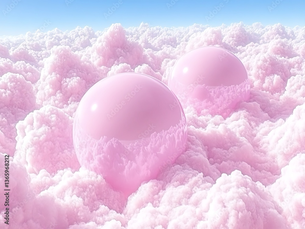 Ethereal cotton candy clouds landscape with bubble spheres, pastel dreamy view Ethereal cotton candy clouds landscape with bubble spheres, pastel dreamy view