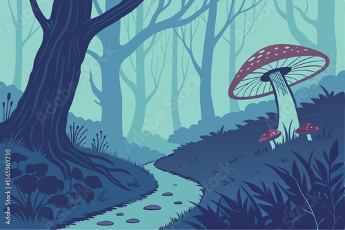 71 Fantasy forest, glowing mushrooms, bioluminescent fungi, dark woods, misty atmosphere, ethereal blue light, magical pathway, fairy tale scene, enchanted forest, otherworldly landscape, mystical amb