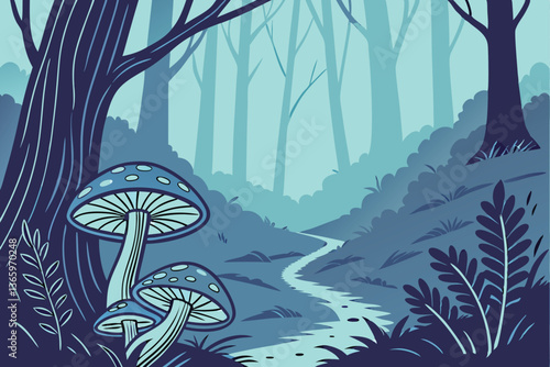 71 Fantasy forest, glowing mushrooms, bioluminescent fungi, dark woods, misty atmosphere, ethereal blue light, magical pathway, fairy tale scene, enchanted forest, otherworldly landscape, mystical amb