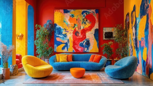 Vibrant contemporary living room with colorful abstract art and modern furniture