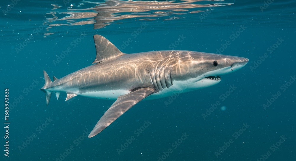Fototapeta premium Magnificent great white shark gracefully swimming in the deep blue ocean water