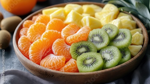 A bowl of sliced fruit with oranges, kiwi, and pineapple arranged for a nutritious snack