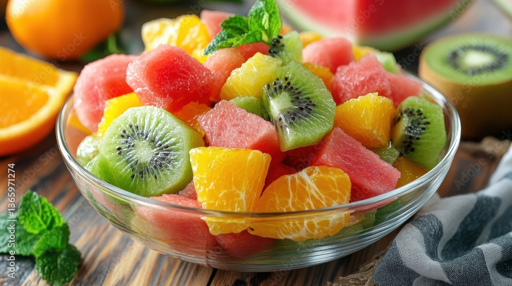 A healthy fruit salad with colorful mixed fruits like kiwi, watermelon, and oranges in a glass bowl A healthy fruit salad with colorful mixed fruits like kiwi, watermelon, and oranges in a glass bowl