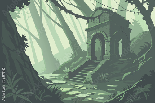 72 Ancient ruins, lush jungle, overgrown temple, moss-covered stones, crumbling arches, misty atmosphere, sunbeams through canopy, verdant foliage, hidden pathways, mystical ambiance, forgotten civili