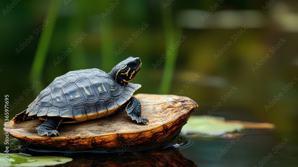 Obraz premium A cute baby turtle sitting on the shell of an old leaf in a pond,