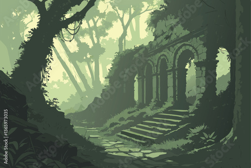 72 Ancient ruins, lush jungle, overgrown temple, moss-covered stones, crumbling arches, misty atmosphere, sunbeams through canopy, verdant foliage, hidden pathways, mystical ambiance, forgotten civili