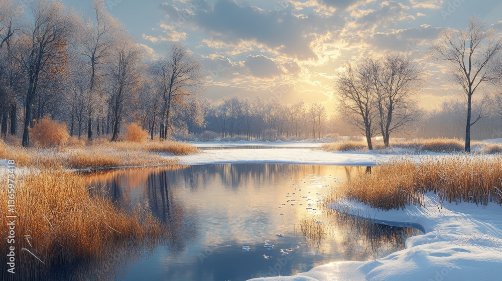Fototapeta premium Winter Sunrise Over Frozen Lake