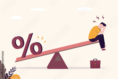 Control interest rate adjustments due to rising inflation. Customer and percentage sign on imbalance seesaw. Raising interest rates increases household debt.