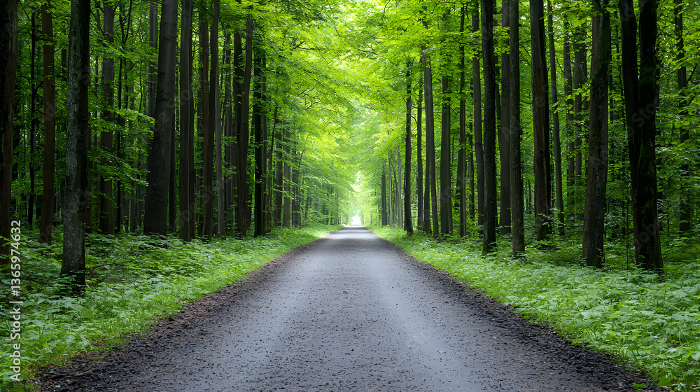 Fototapeta premium Sunlit Pathway Through Dense Green Forest Leading Towards Bright Horizon