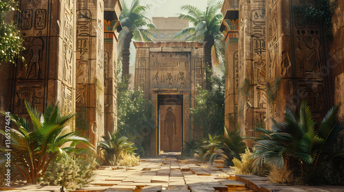 Abandoned Pharaonic temple ruins, with overgrown plants creeping through massive sandstone pillars, mysterious carvings, and faded murals.