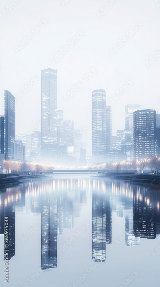 Fototapeta premium Futuristic Winter City Skyline with Mirror-Calm River Reflections