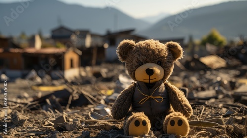 Emotional touching background  International Day of Innocent Children  Victims of Aggression. An empty children toy against the backdrop of a destroyed city, symbolizing loss and innocence