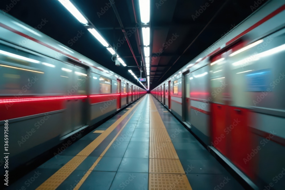 Obraz premium Fast approaching metro entering station, dynamic motion blur , lighting, energy, station