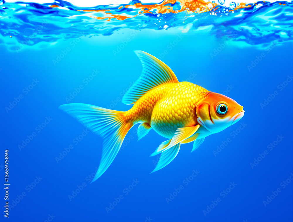 A vibrant goldfish with flowing fins swims in clear blue water with rippling surface reflections. The image showcases an aquatic theme with a creative touch. Ai generative A vibrant goldfish with flowing fins swims in clear blue water with rippling surface reflections. The image showcases an aquatic theme with a creative touch. Ai generative