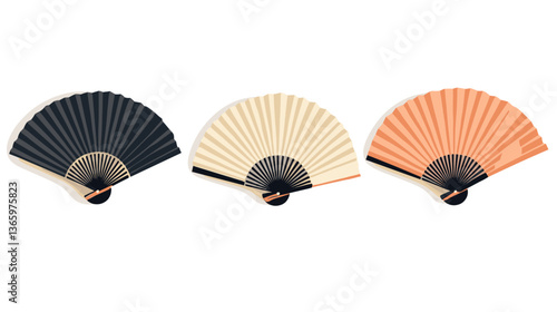 Set of three modern illustrated fans in elegant colors for decor and craft projects