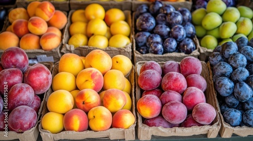 Fototapeta Naklejka Na Ścianę i Meble -  A fresh selection of colorful fruits at a local market stall, including peaches, plums, and apples