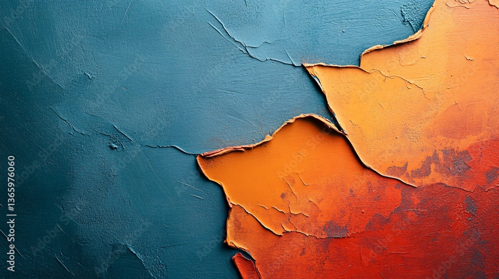 Fototapeta premium Abstract cracked texture revealing orange and red underneath teal paint