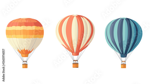 Illustrative collection of modern hot air balloons showcasing different colors and patterns in a vibrant outdoor setting